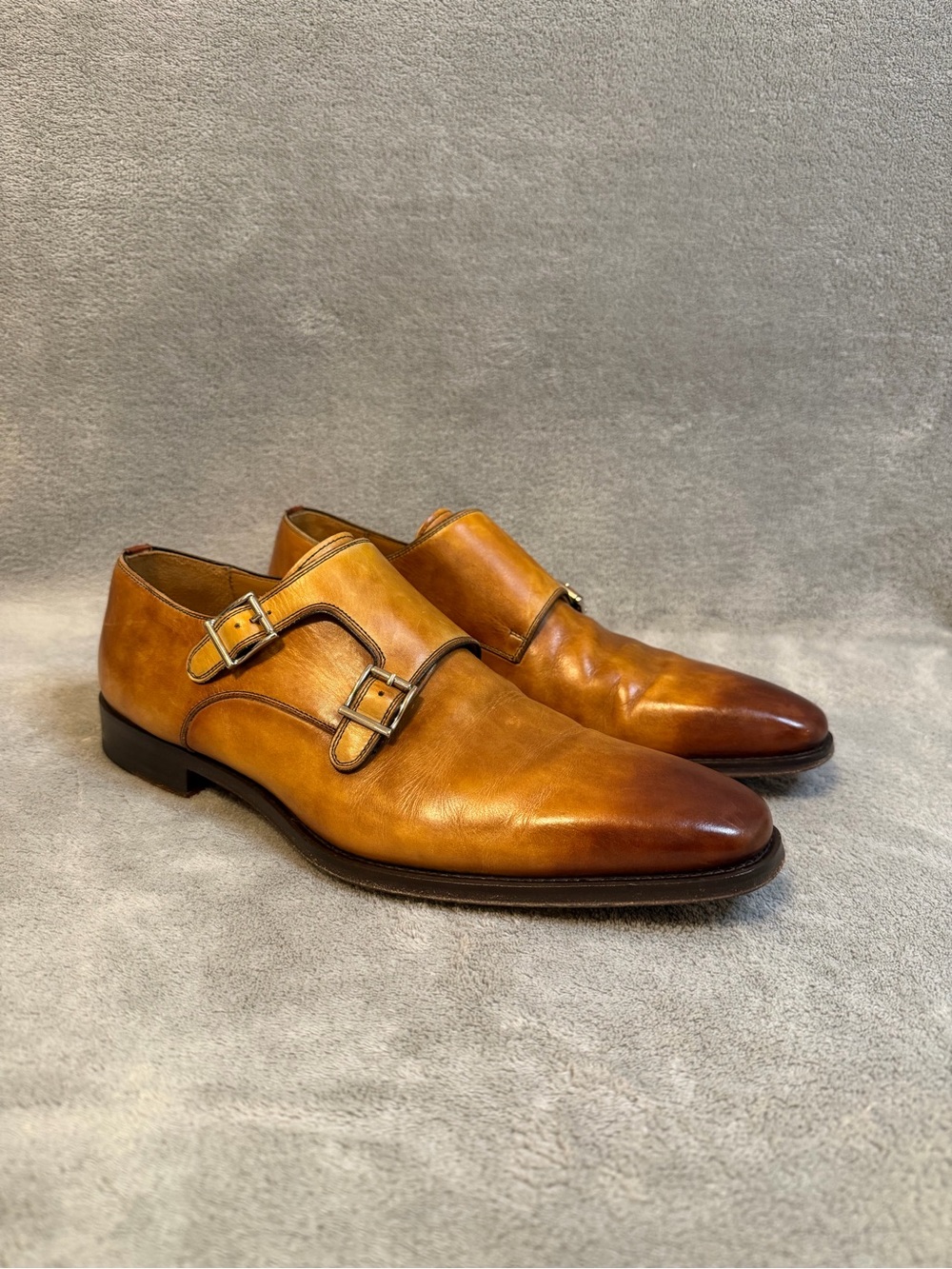 MAGNANNI Men's Classic Brown Double Monk Leather Shoes burnished Cognac Size 8
